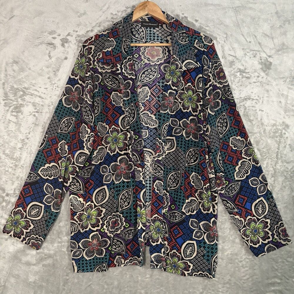 Travel Elements Cardigan 2X Multicolor Geometric Boho Floral Open Front Jacket
